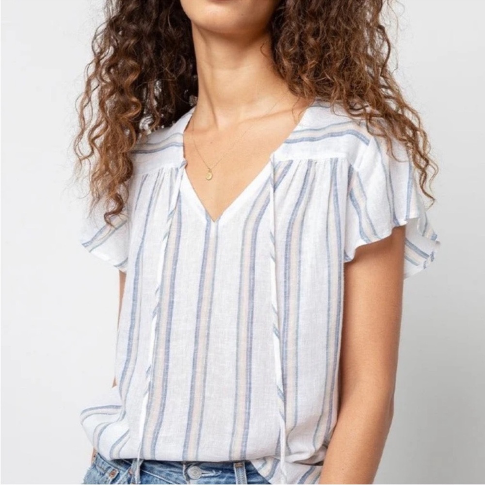 Rails Viera Ryland Stripe White and Gray Ruffled V-Neck Blouse Large